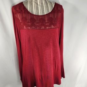 Bedford Fair Red Long Sleeve Top Lace at Front & Back Shoulders Split Back Large